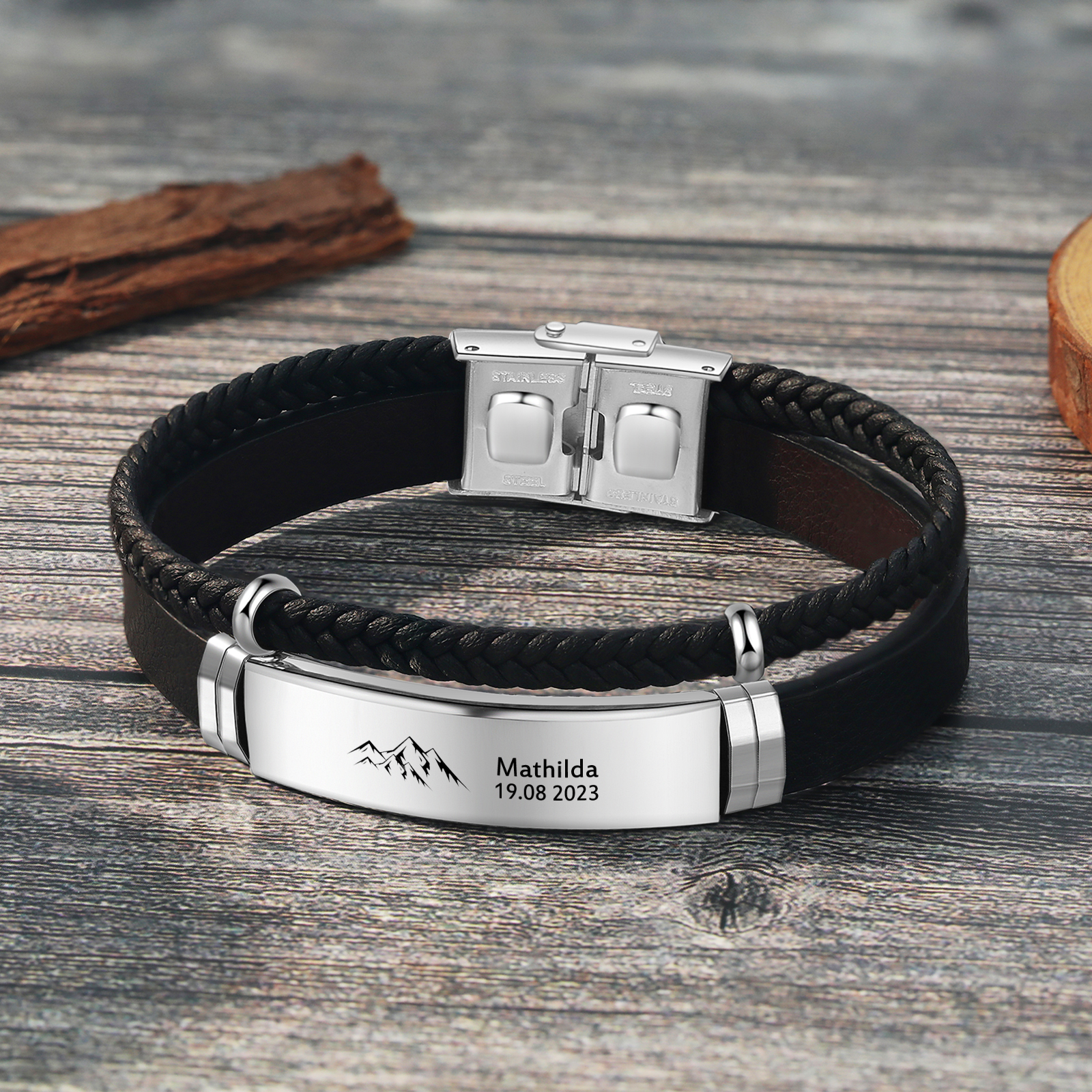 Personalised Father & Child Bracelet – 2 Names Engraved Stainless Steel & Leather Wristband Gift for Dad | Jessemade