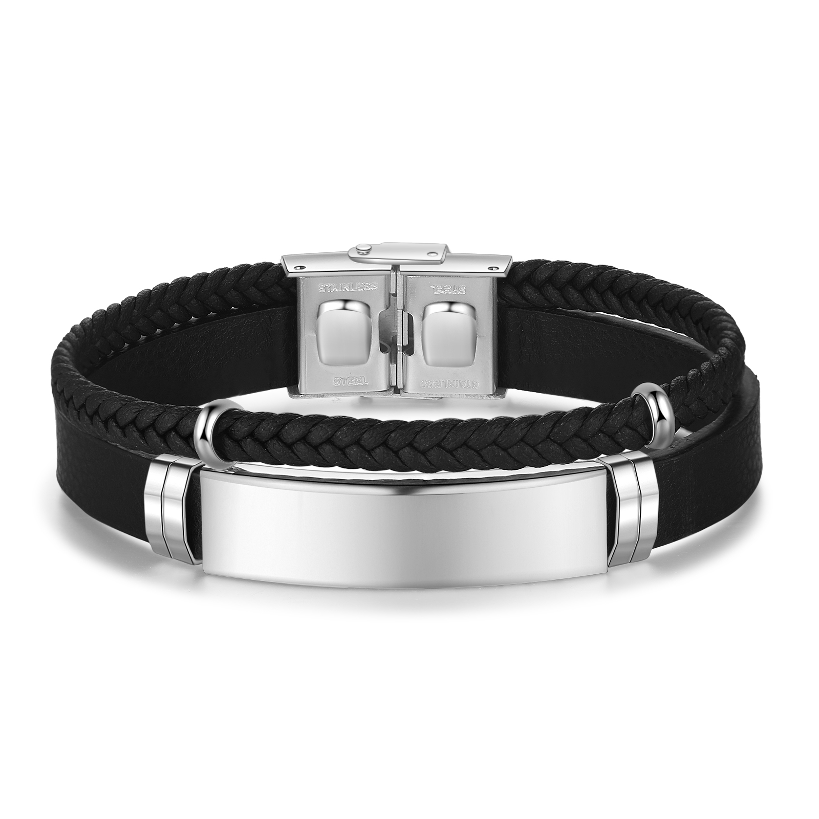 Personalised Men's Bracelet with Name and Date – Heart Hands Design Stainless Steel & Leather Wristband Gift for Dad | Jessemade