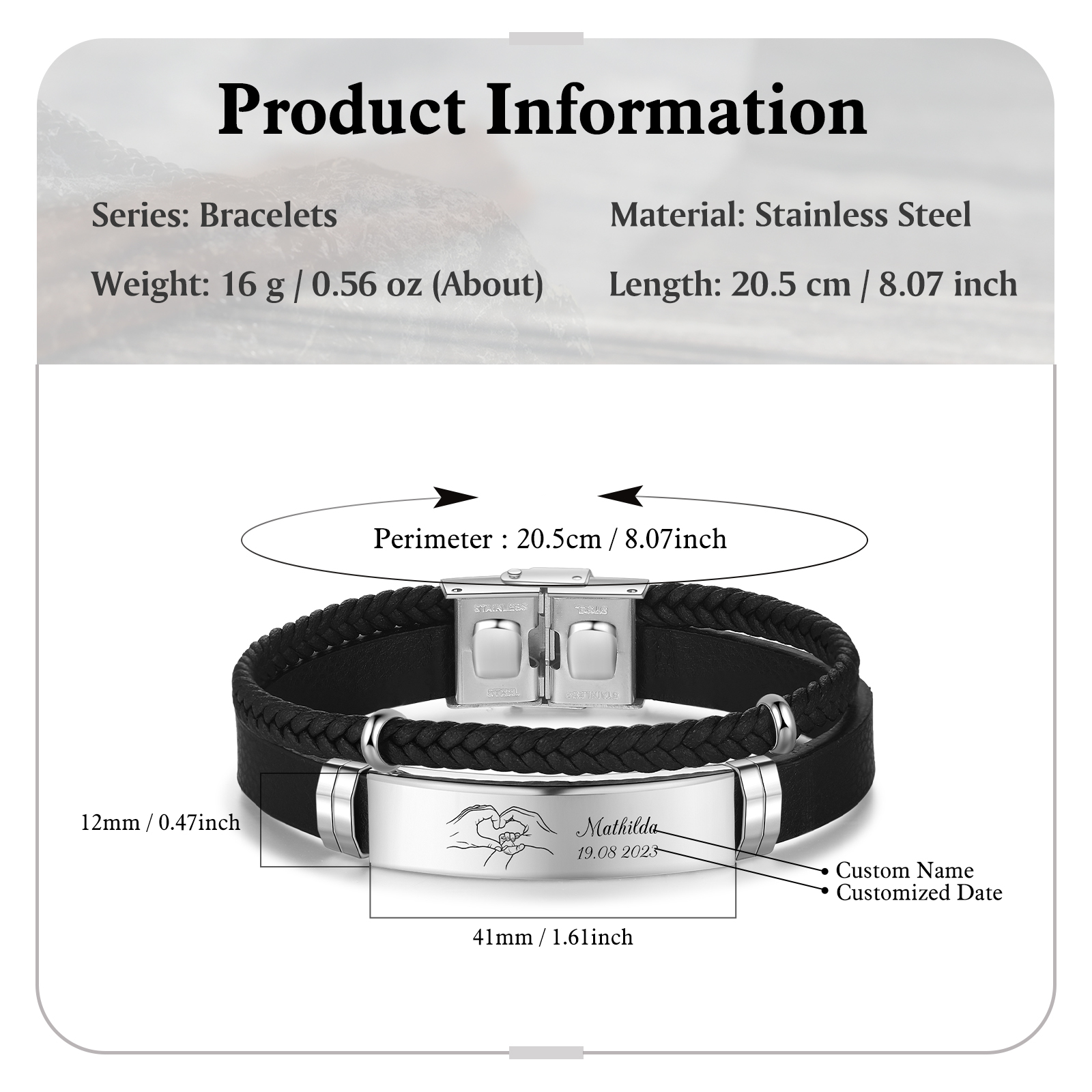 Personalised Men's Bracelet with Name and Date – Heart Hands Design Stainless Steel & Leather Wristband Gift for Dad | Jessemade