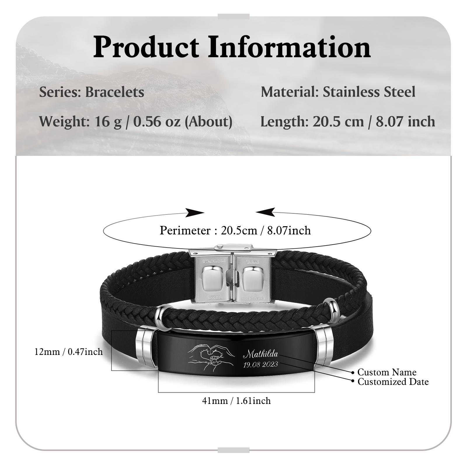 Personalised Men's Bracelet with Name and Date – Heart Hands Design Stainless Steel & Leather Wristband Gift for Dad | Jessemade