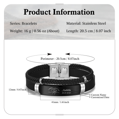 Personalised Men's Bracelet with Name and Date – Heart Hands Design Stainless Steel & Leather Wristband Gift for Dad | Jessemade