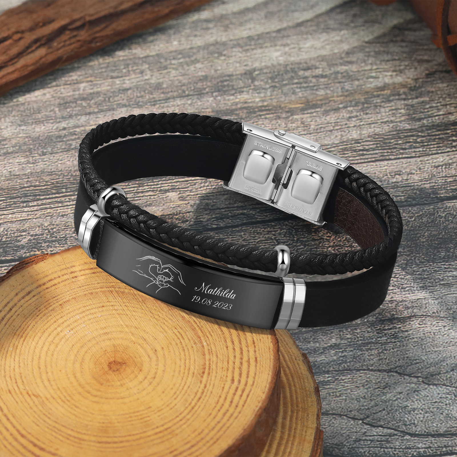 Personalised Men's Bracelet with Name and Date – Heart Hands Design Stainless Steel & Leather Wristband Gift for Dad | Jessemade