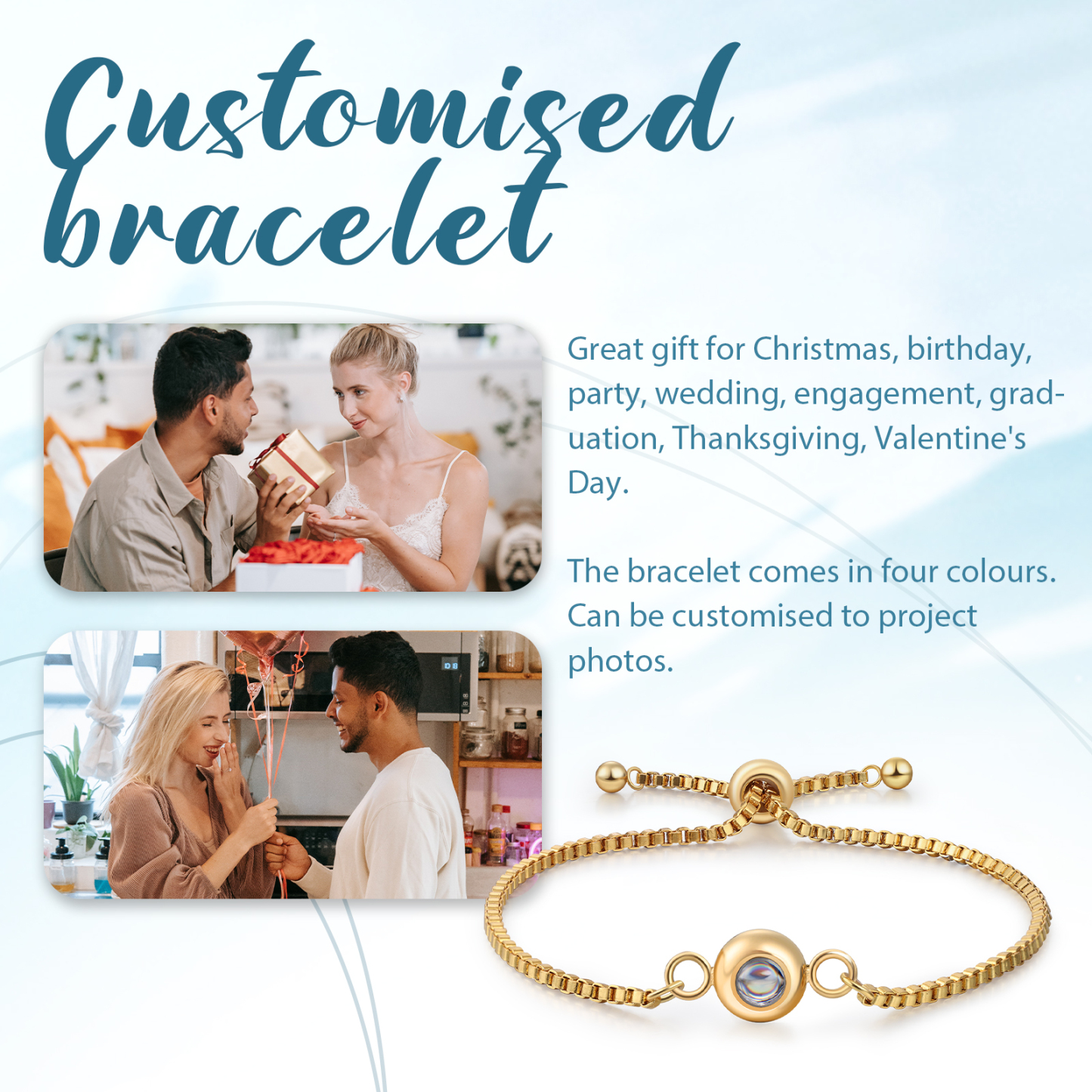 Personalised Projection Stone Couple Bracelet - Custom Photo Keepsake Christmas Gift for Her | Jessemade