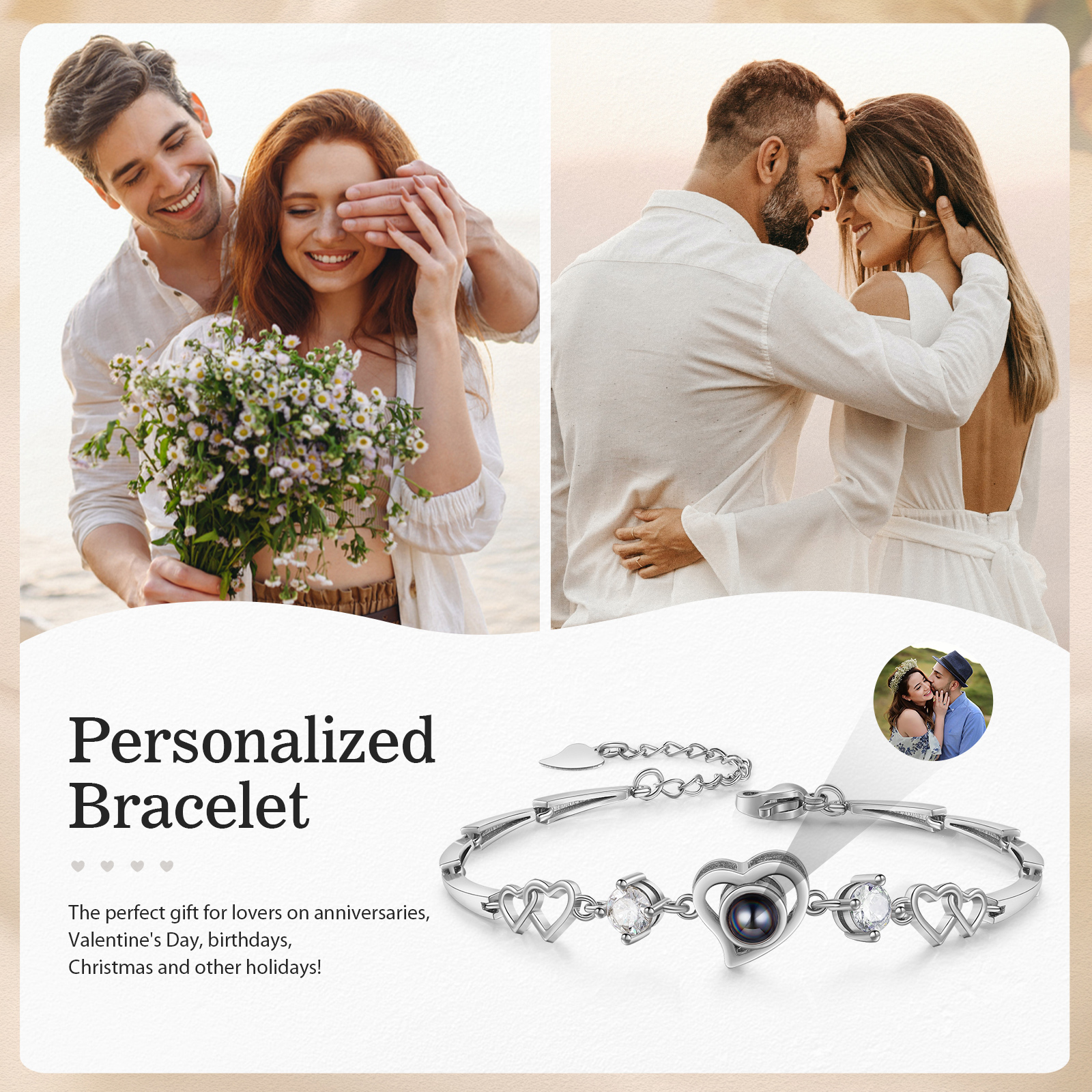Personalised Projection Bracelet Customized Color Photo Bracelet Heart-shaped Adjustable Couple Bracelet for Her | Jessmade