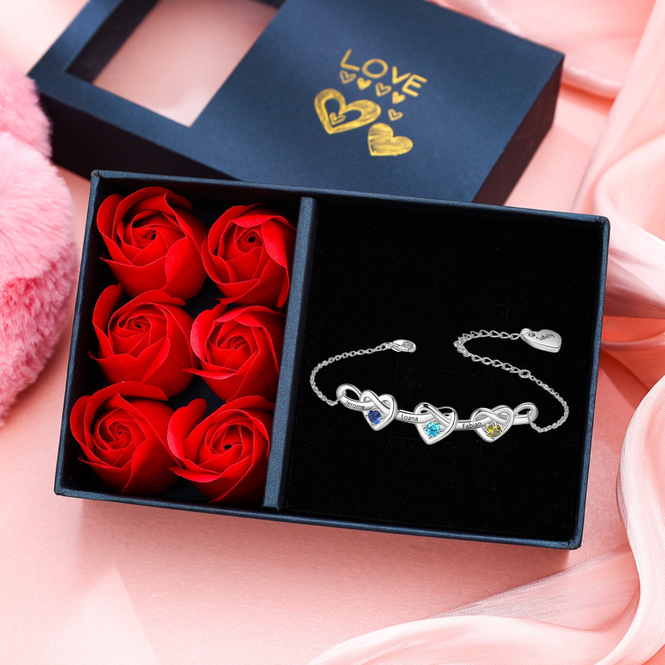 Personalized Bracelet Customized 3 Names & 3 Birthstones & 1 Text Heart Bracelet for Women | Jessmade