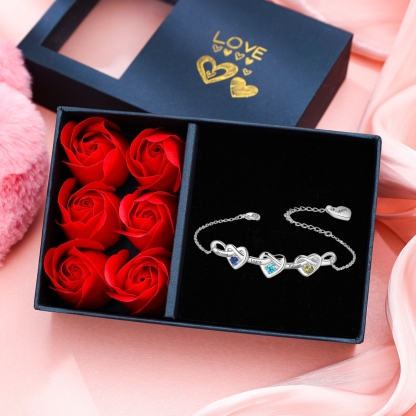 Personalized Bracelet Customized 3 Names & 3 Birthstones & 1 Text Heart Bracelet for Women | Jessmade