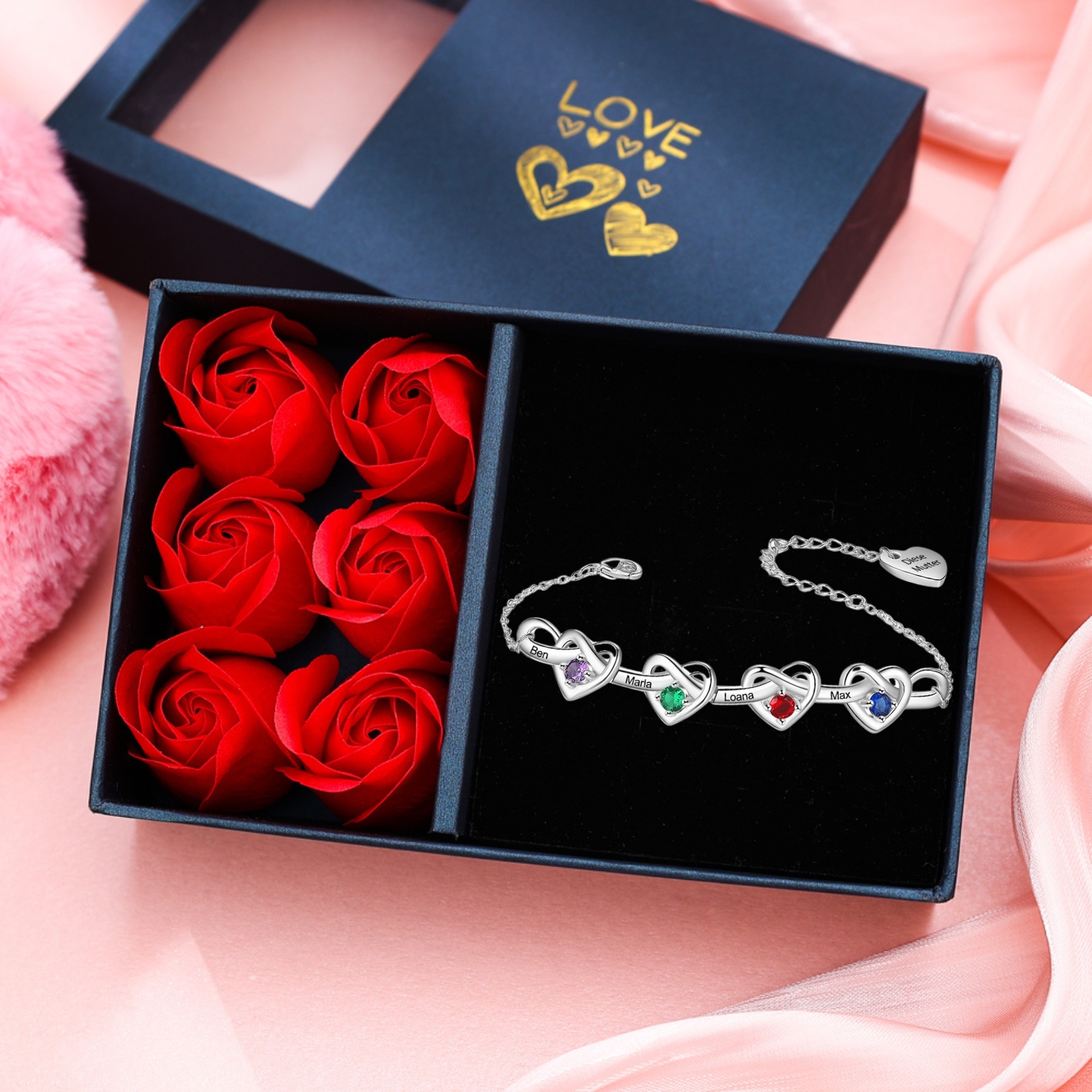 Personalized Bracelet Customized 4 Names & 4 Birthstones & 1 Text Heart Bracelet for Women | Jessmade