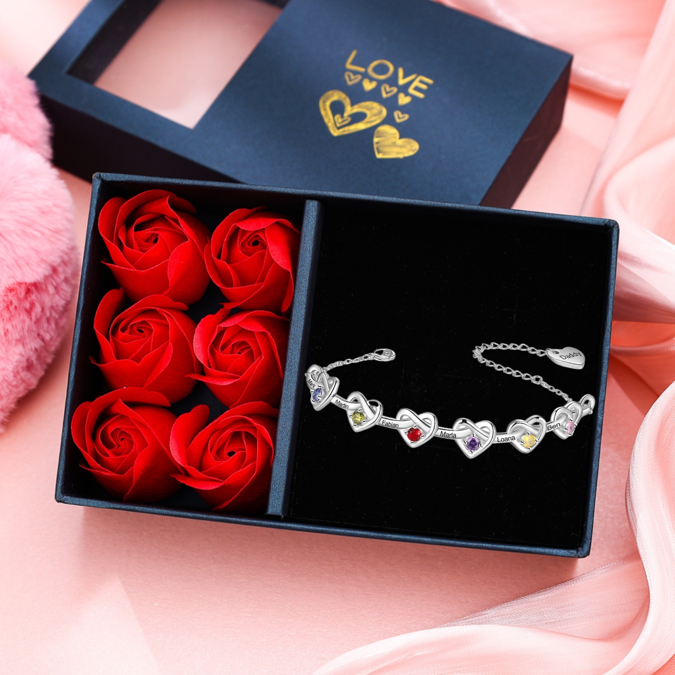 Personalized Bracelet Customized 6 Names & 6 Birthstones & 1 Text Heart Bracelet for Women | Jessmade