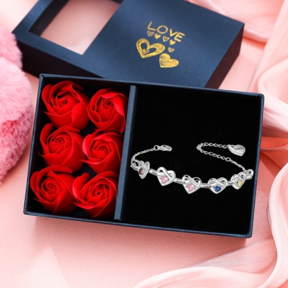 Personalised Bracelet Customized 5 Names & 5 Birthstones & 1 Text Heart Bracelet for Women | Jessmade