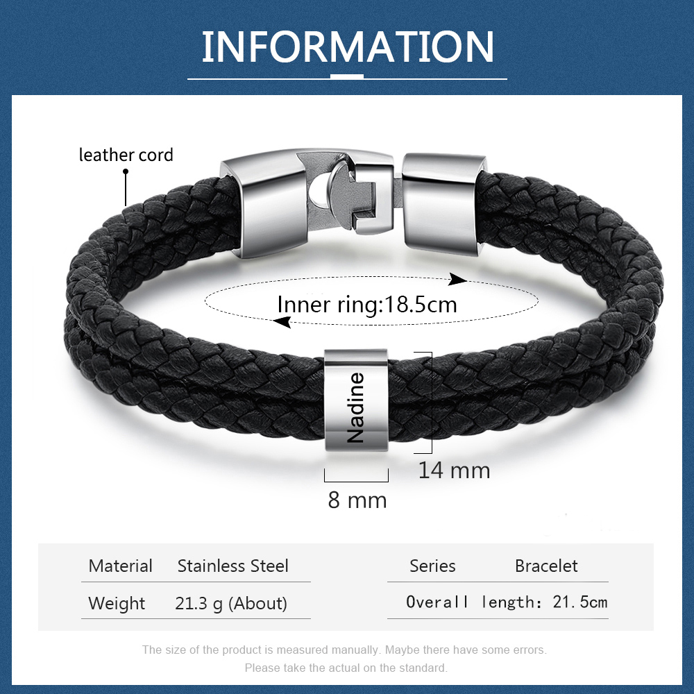 Personalised Braided Leather Bracelet Engraved 3 Names Men's Bracelet for Him