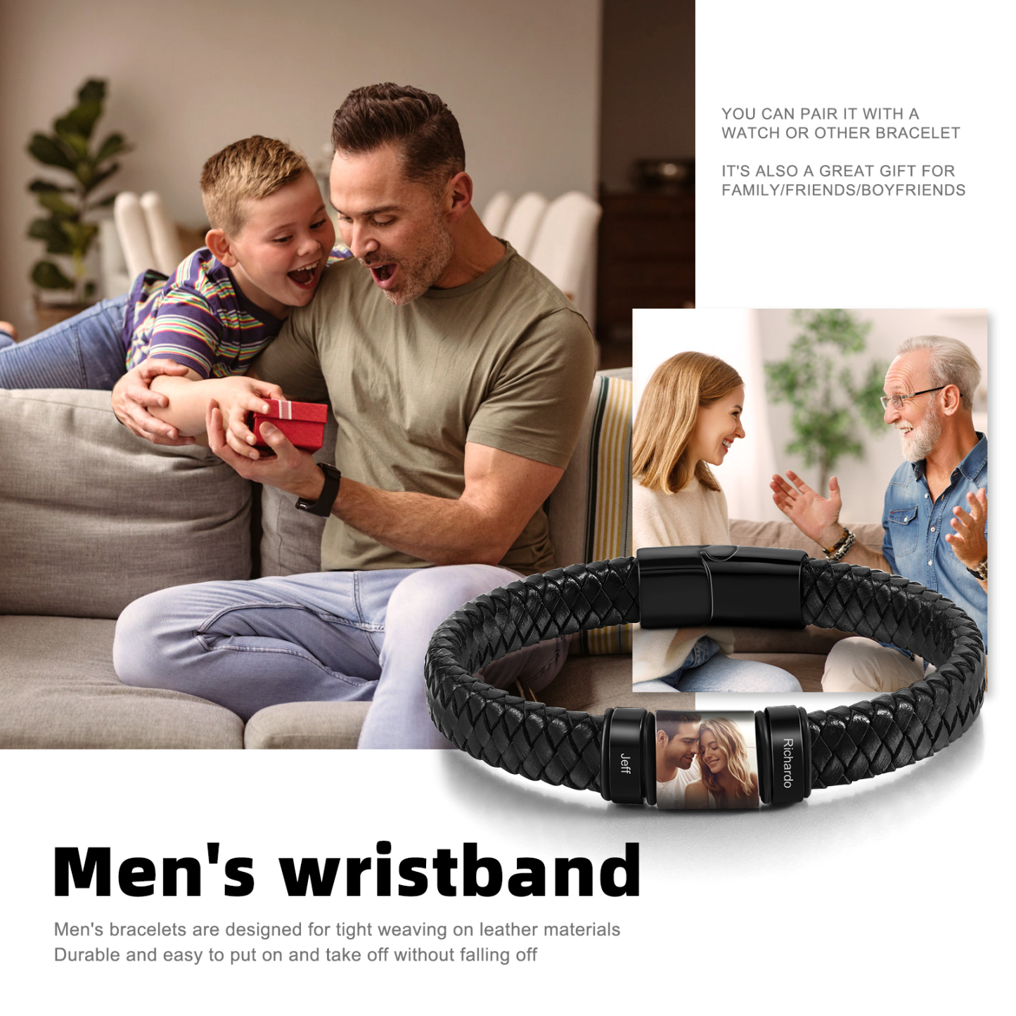 2 Names Personalised Customized Photo Stainless Steel Leather Bracelet Engraved Name Men's Bracelet Gift for Dad