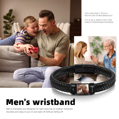 2 Names Personalised Customized Photo Stainless Steel Leather Bracelet Engraved Name Men's Bracelet Gift for Dad