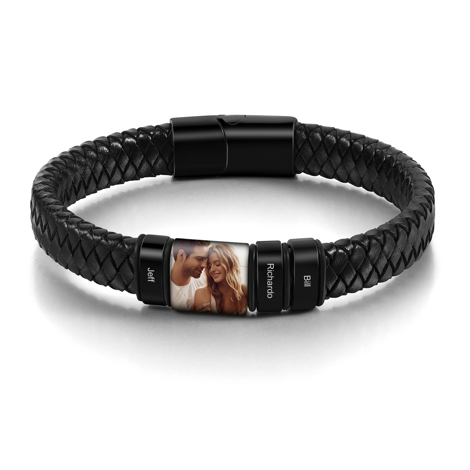 3 Names Personalised Customized Photo Stainless Steel Leather Bracelet Engraved Name Men's Bracelet Gift for Dad