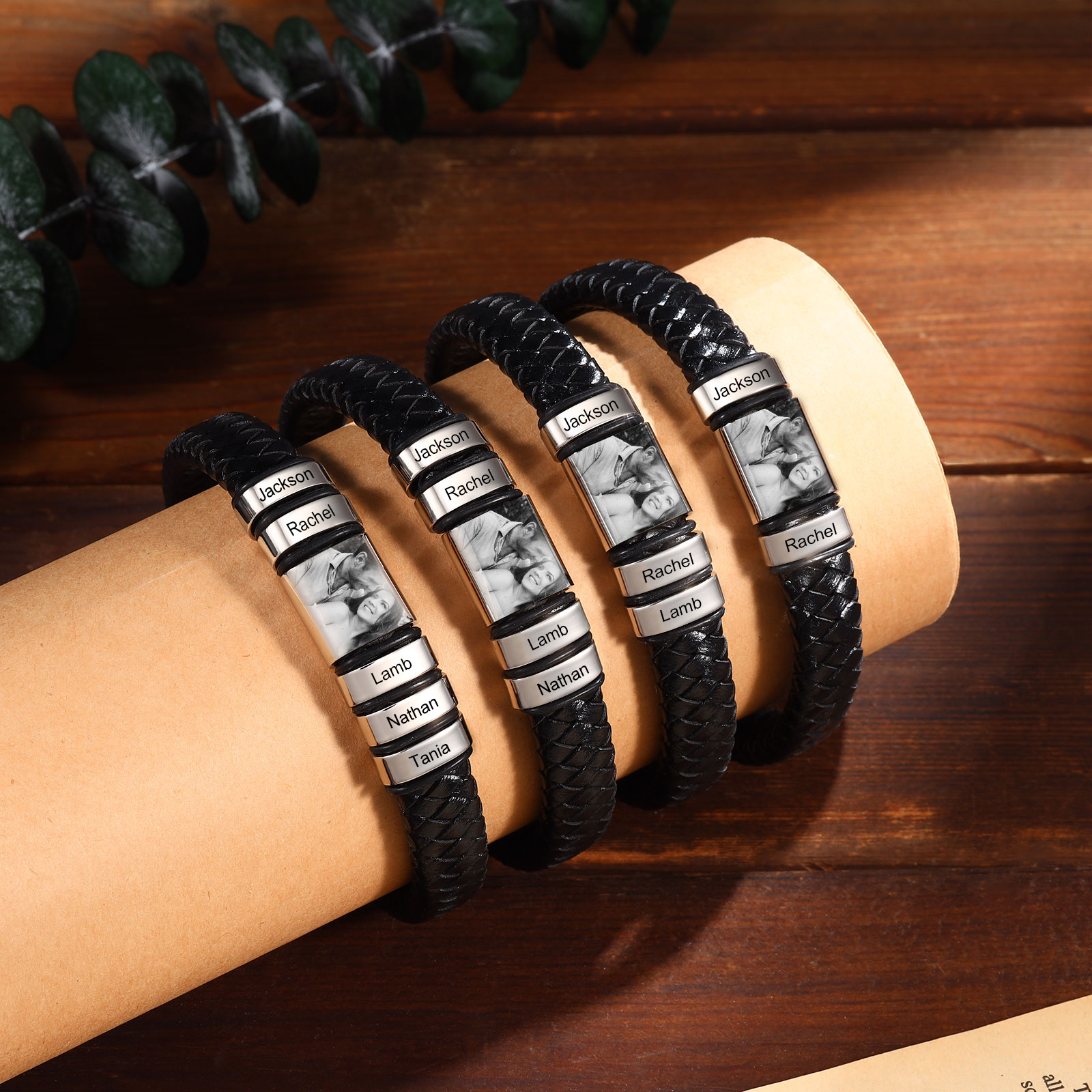 Personalised 2-5 Names&Photo Vintage Men's Bracelet Engraved Beads Leather Bracelet Gift for Father's Day