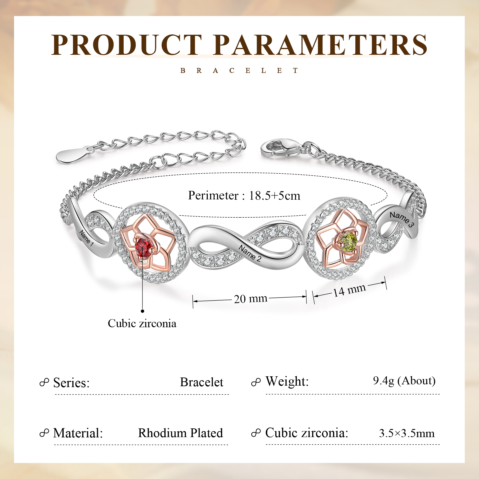 3 Names-Personalized Name Bracelet Customized Bracelet With 2 Birthstones For Her