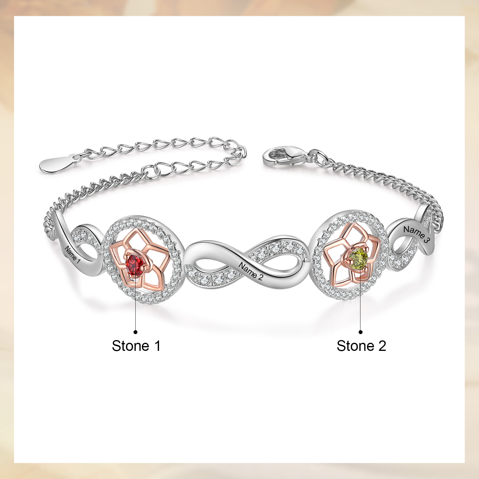 3 Names-Personalized Name Bracelet Customized Bracelet With 2 Birthstones For Her