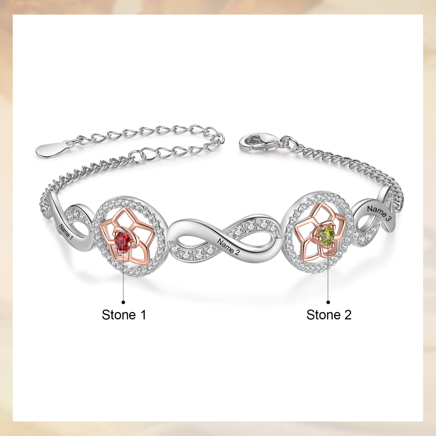 3 Names-Personalized Name Bracelet Customized Bracelet With 2 Birthstones For Her