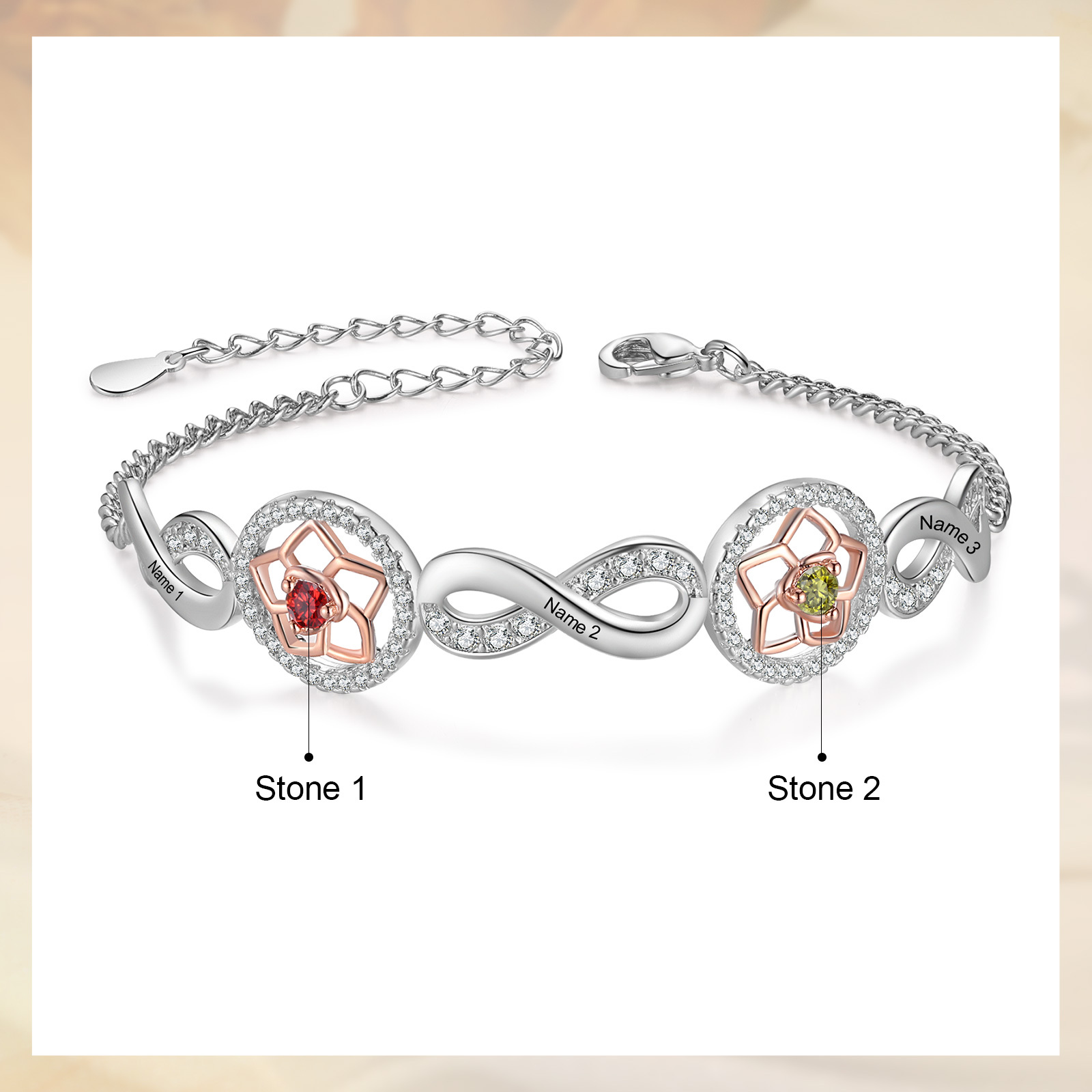 3 Names-Personalized Name Bracelet Customized Bracelet With 2 Birthstones For Her