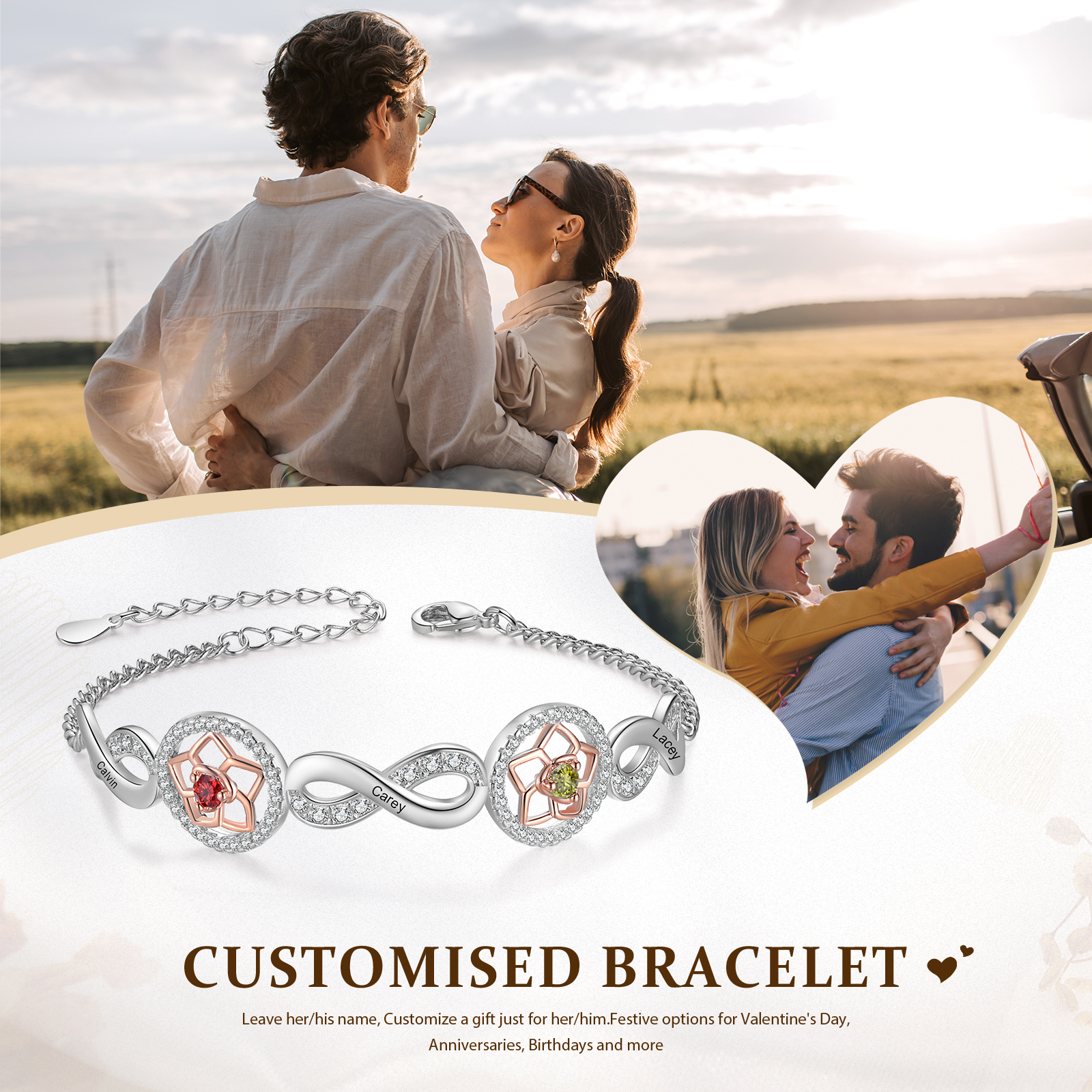 3 Names-Personalized Name Bracelet Customized Bracelet With 2 Birthstones For Her