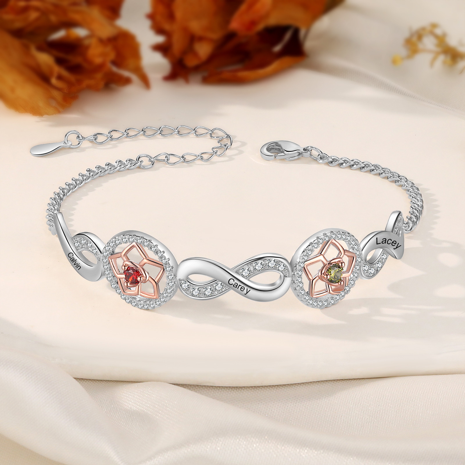 3 Names-Personalized Name Bracelet Customized Bracelet With 2 Birthstones For Her