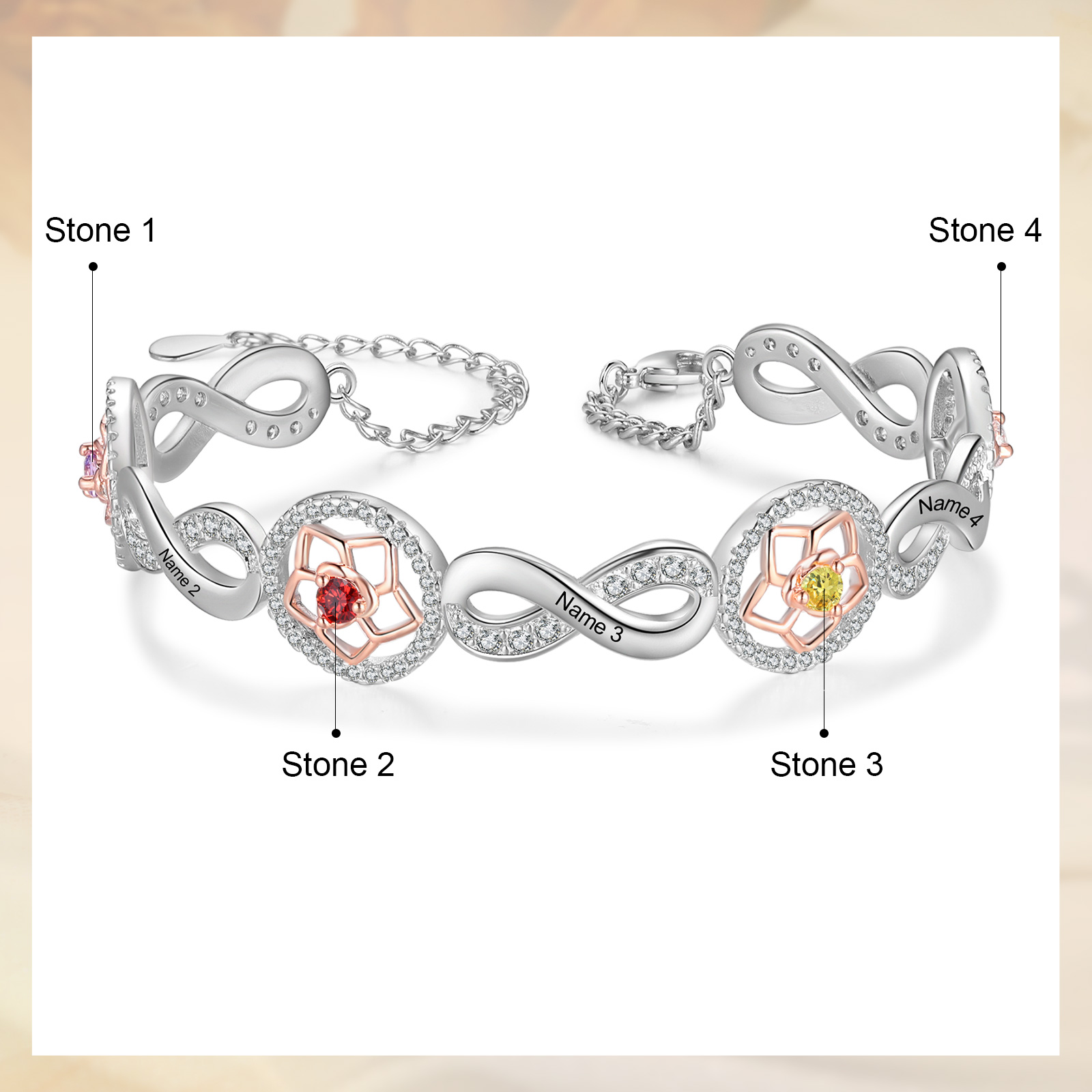 5 Names-Personalized Name Bracelet Customized Bracelet With 3 Birthstones For Her