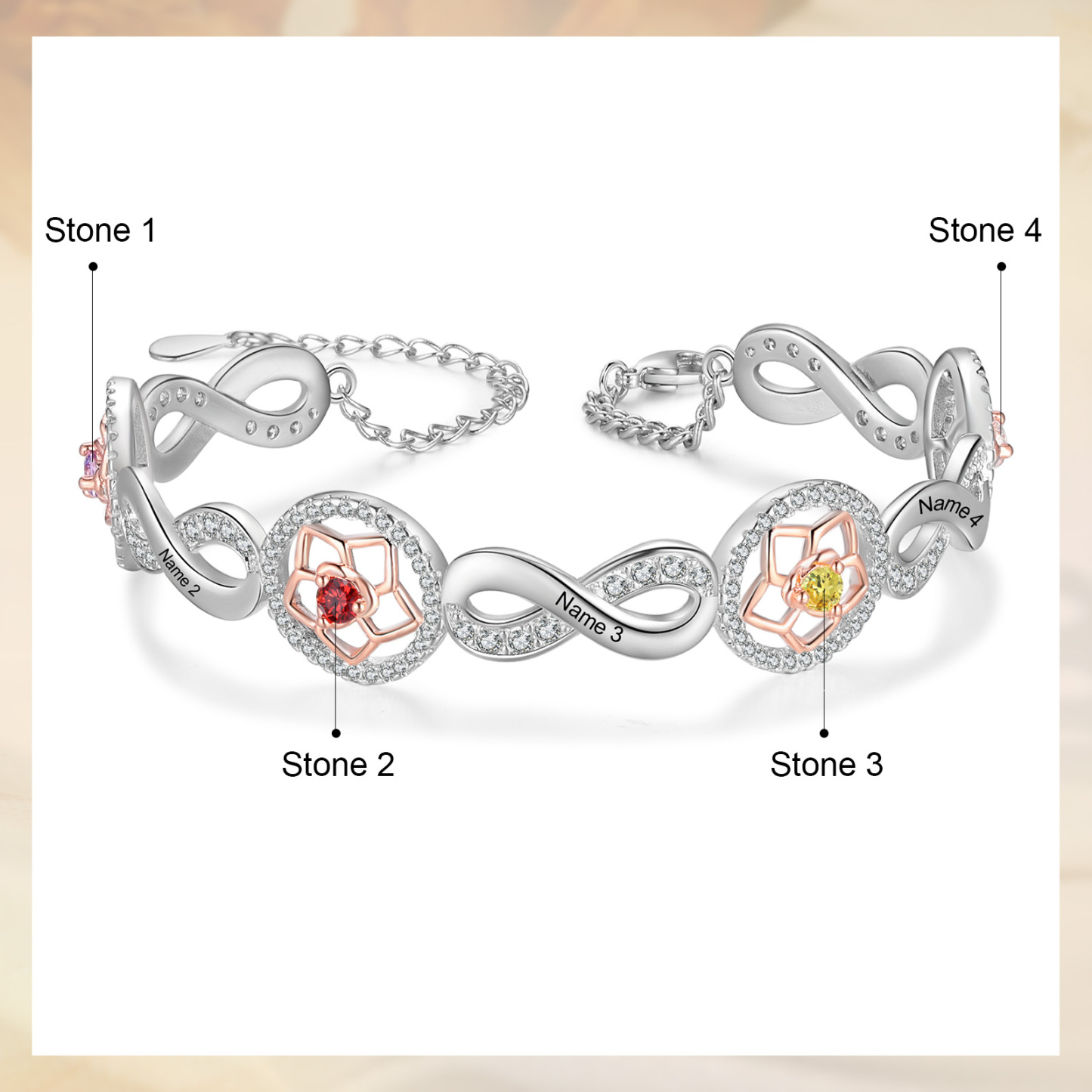 5 Names-Personalized Name Bracelet Customized Bracelet With 3 Birthstones For Her