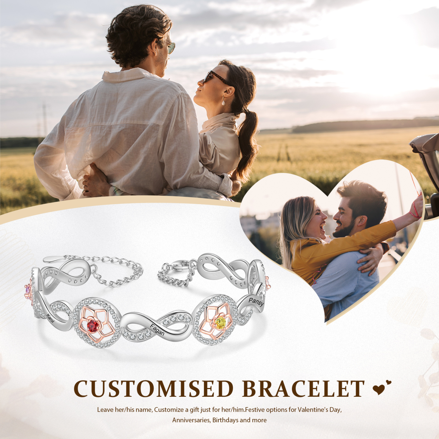 5 Names-Personalized Name Bracelet Customized Bracelet With 3 Birthstones For Her