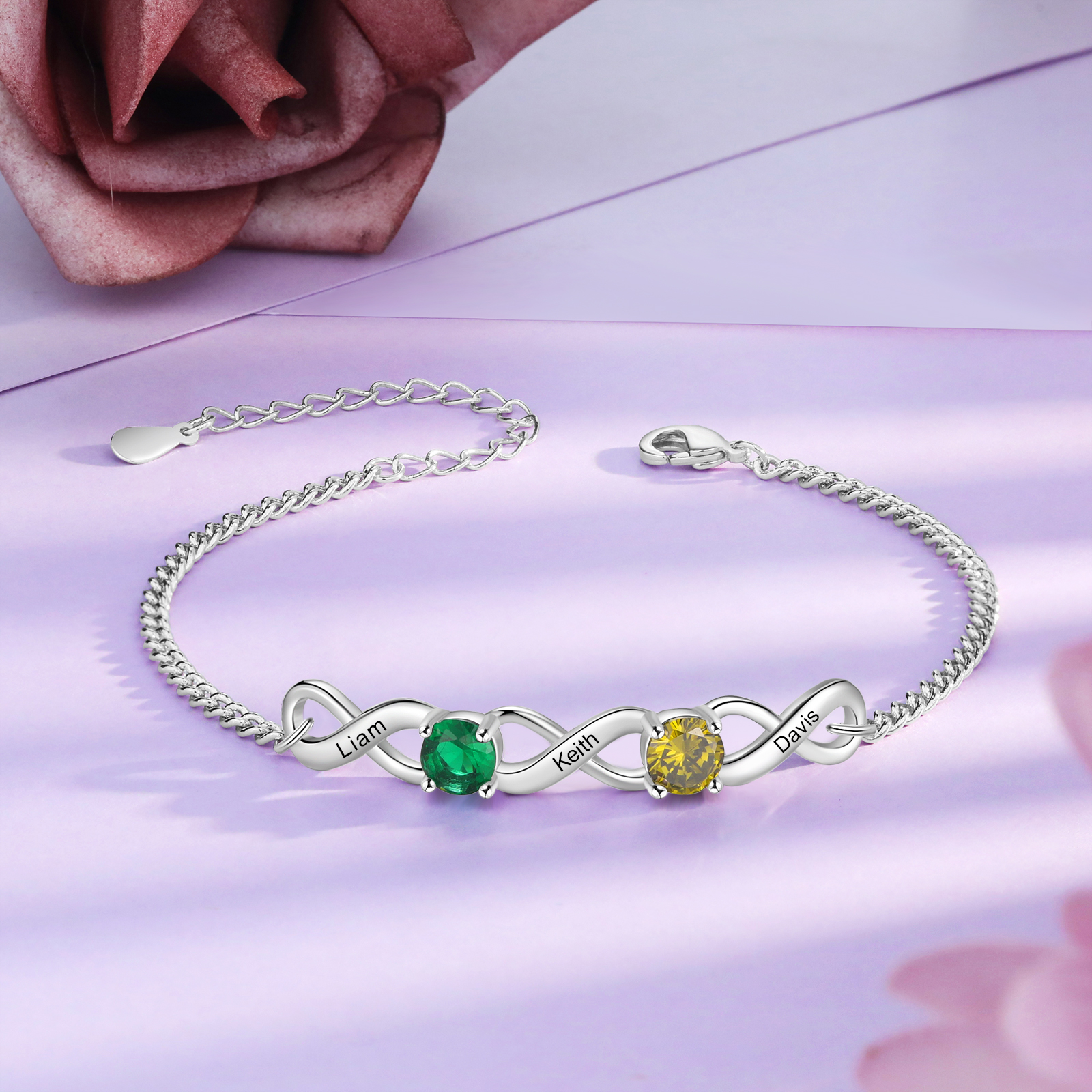 3 Names-Personalised Woman Bracelet With Round Birthstone Custom Names Bracelet Gift For Her
