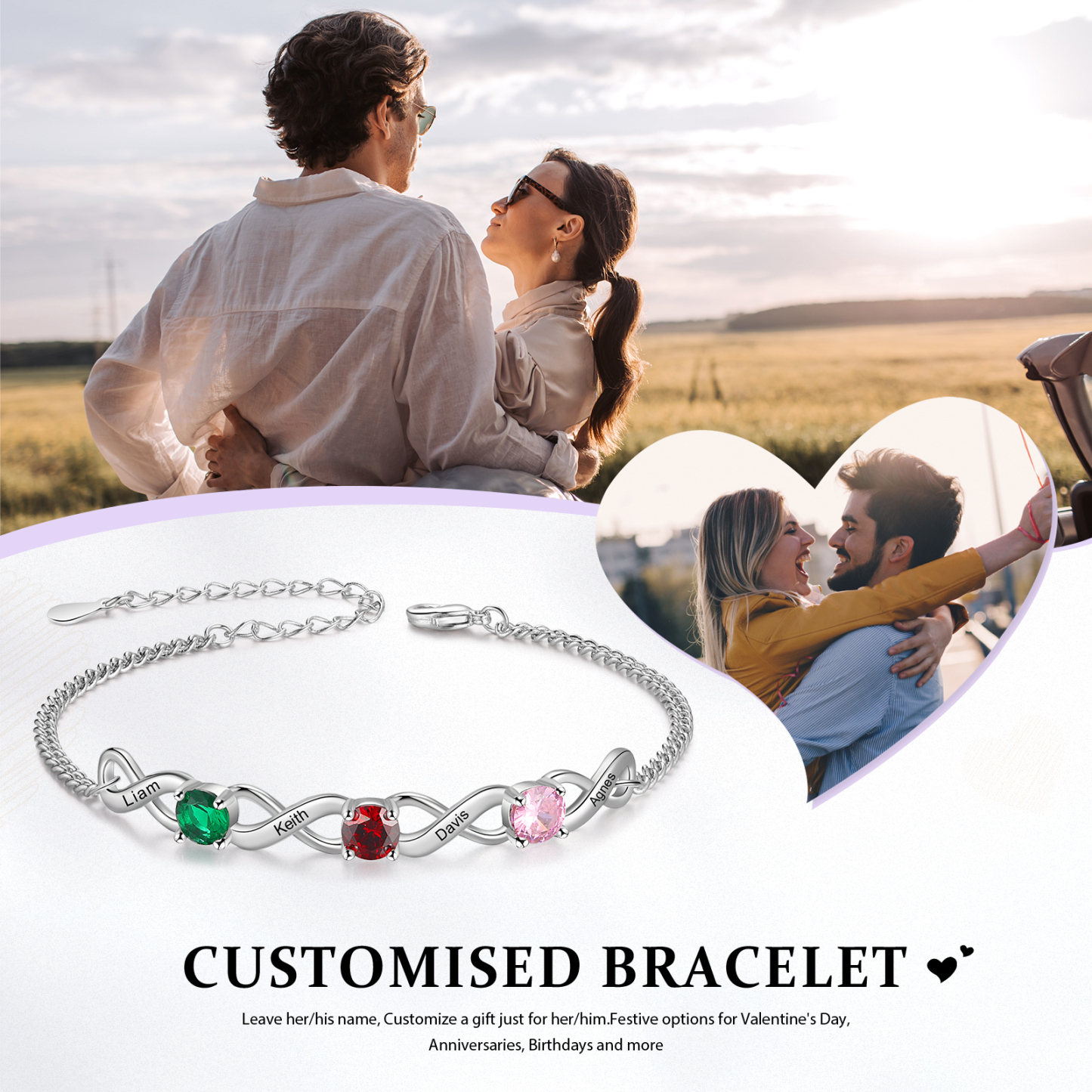 4 Names-Personalised Woman Bracelet With Round Birthstone Custom Names Bracelet Gift For Her