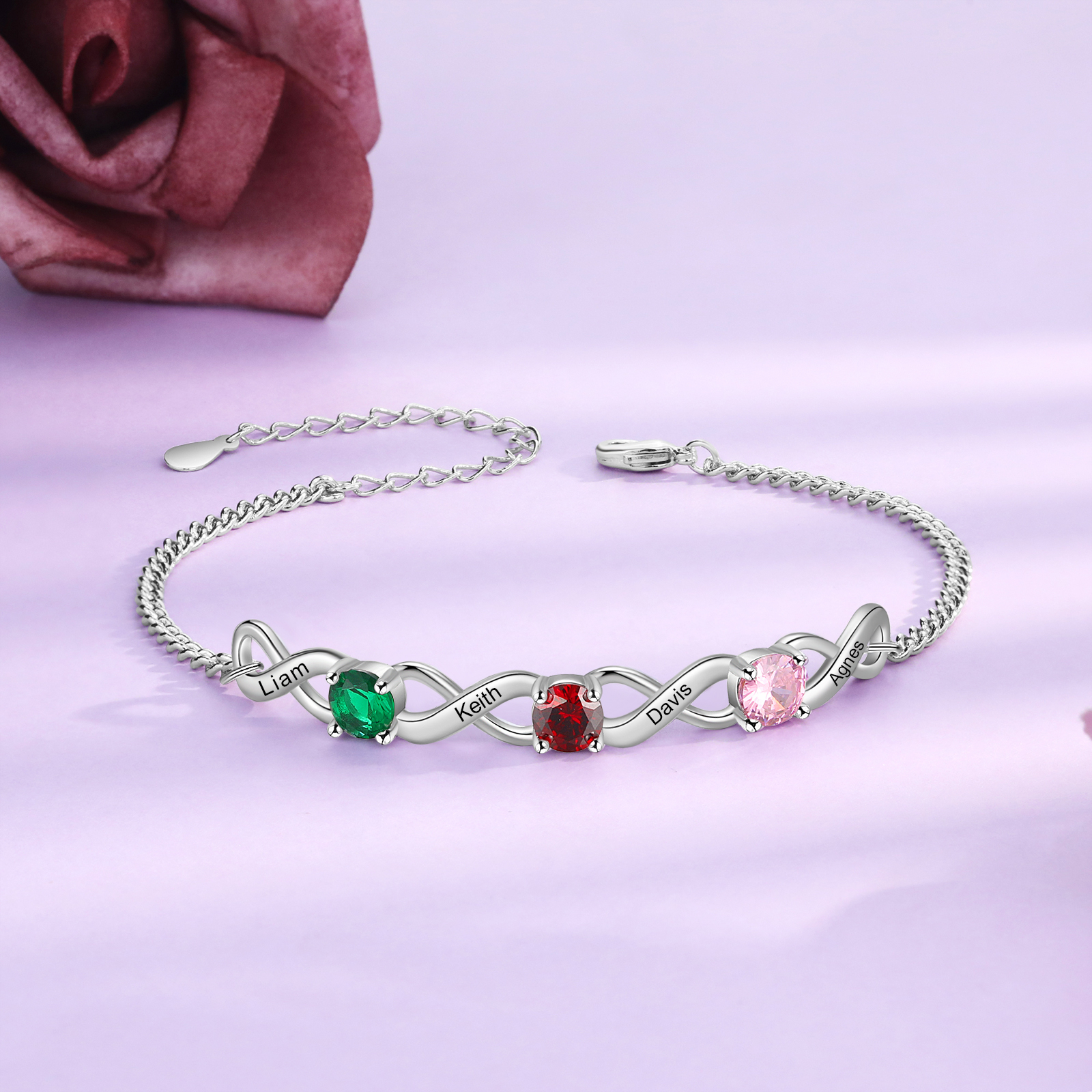 4 Names-Personalised Woman Bracelet With Round Birthstone Custom Names Bracelet Gift For Her