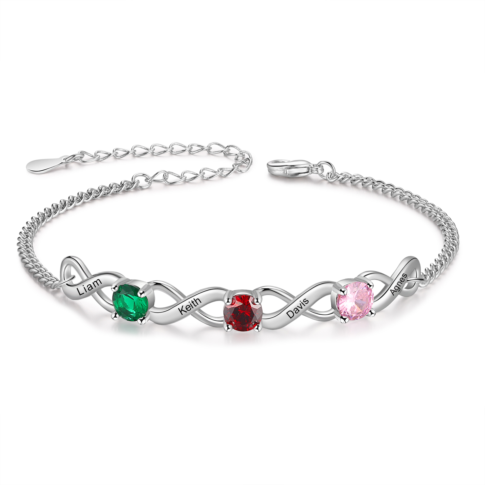 4 Names-Personalised Woman Bracelet With Round Birthstone Custom Names Bracelet Gift For Her