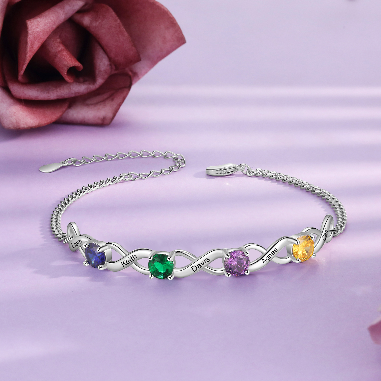 5 Names-Personalised Woman Bracelet With Round Birthstone Custom Names Bracelet Gift For Her