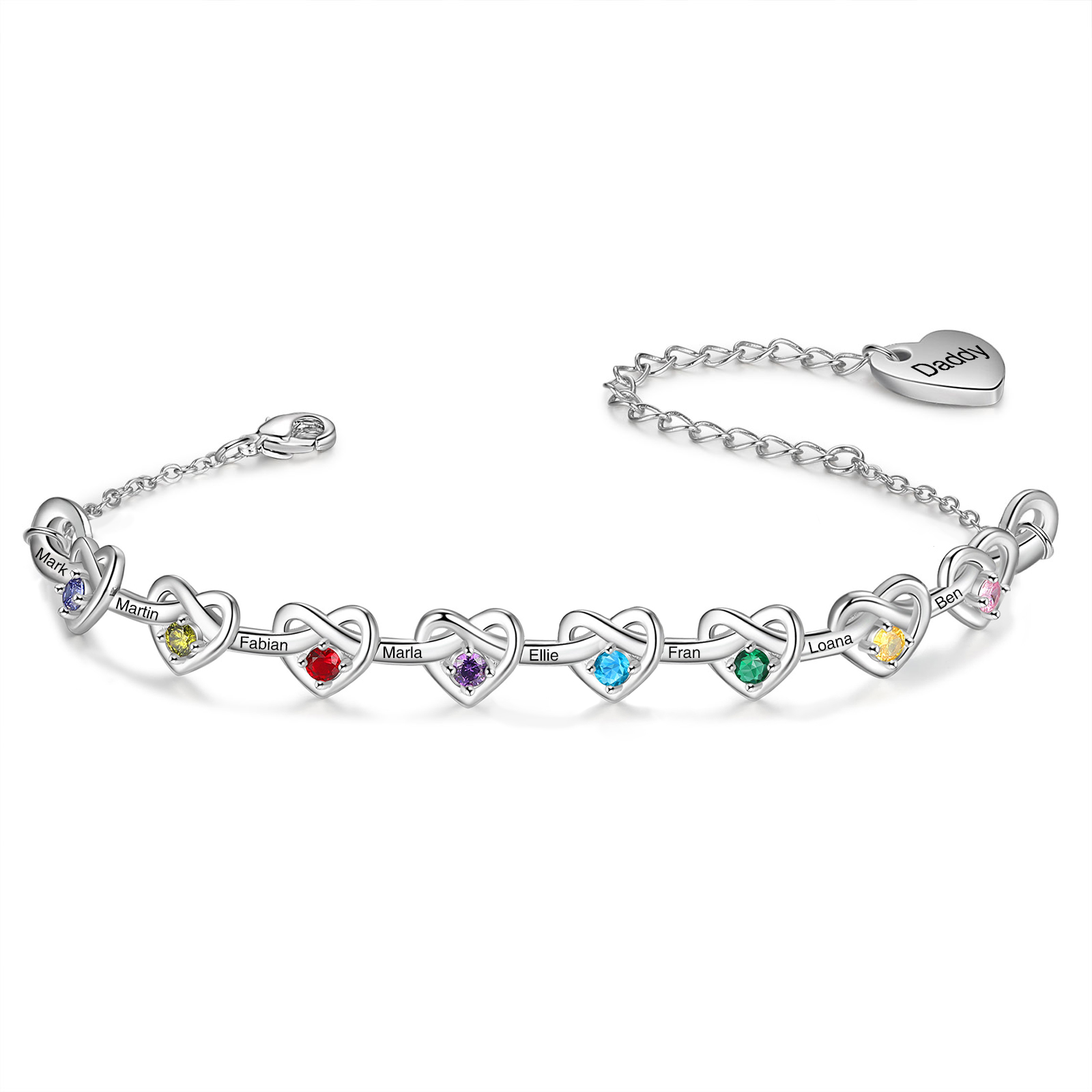 8 Names-Personalized Linked Heart Bracelet With 8 Birthstones Engraved Names And Text Bangle For Her