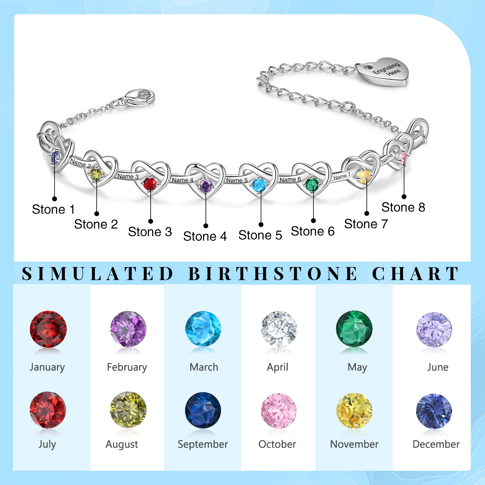 8 Names-Personalized Linked Heart Bracelet With 8 Birthstones Engraved Names And Text Bangle For Her
