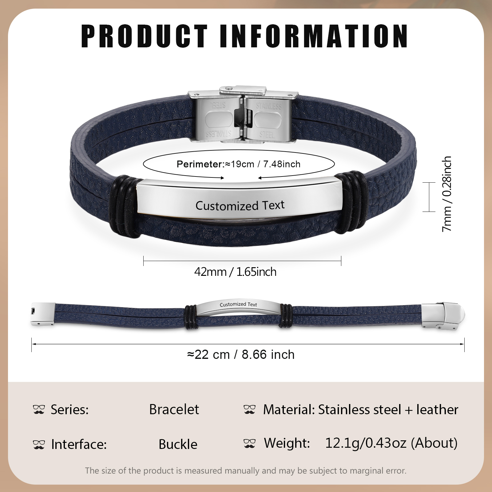 Personalised Text Dark Blue Leather Bracelet Men's Bracelet Father's Day Gift for Dad