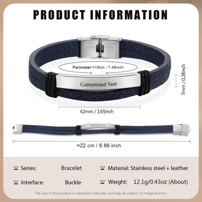 Personalised Text Dark Blue Leather Bracelet Men's Bracelet Father's Day Gift for Dad