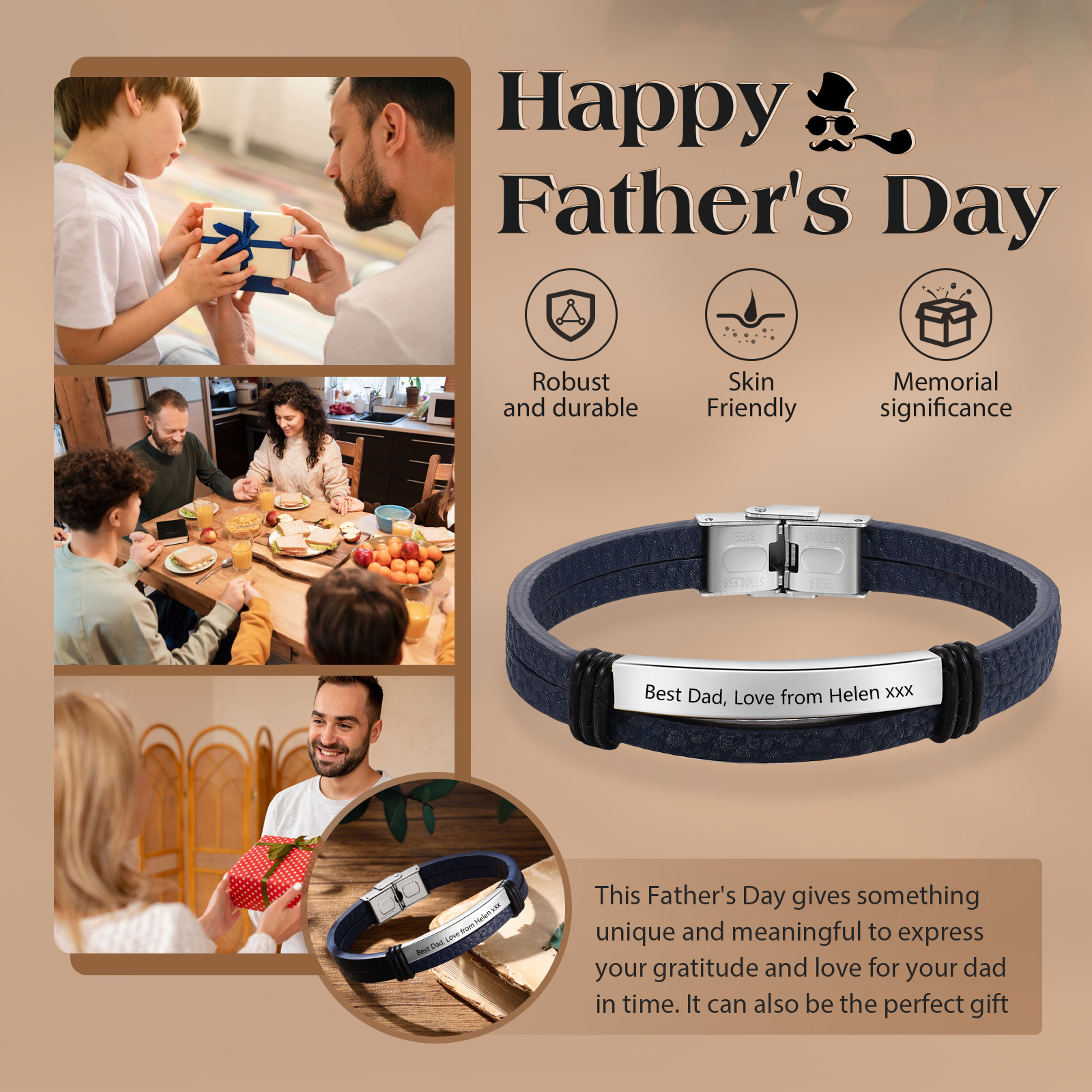 Personalised Text Dark Blue Leather Bracelet Men's Bracelet Father's Day Gift for Dad