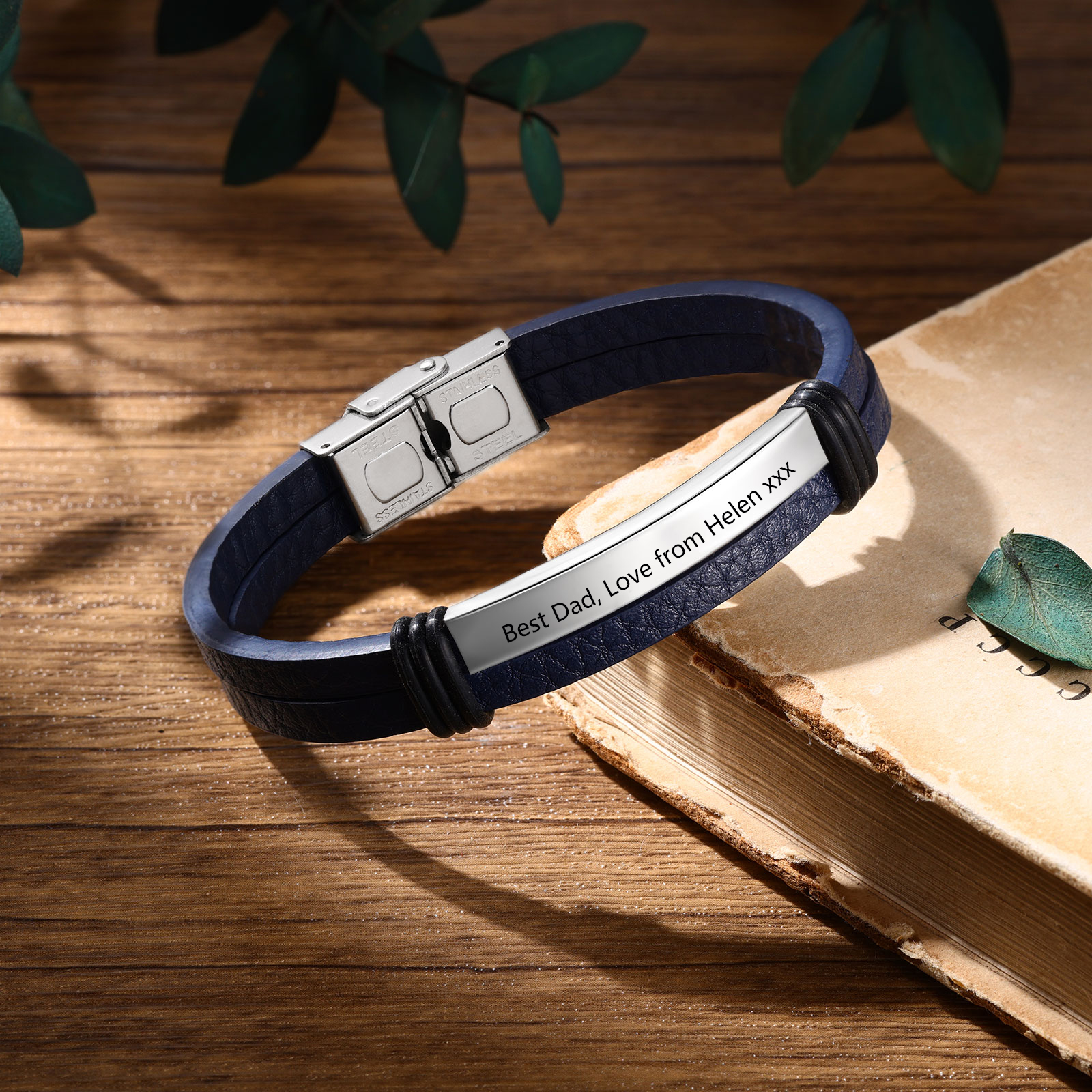 Personalised Text Dark Blue Leather Bracelet Men's Bracelet Father's Day Gift for Dad