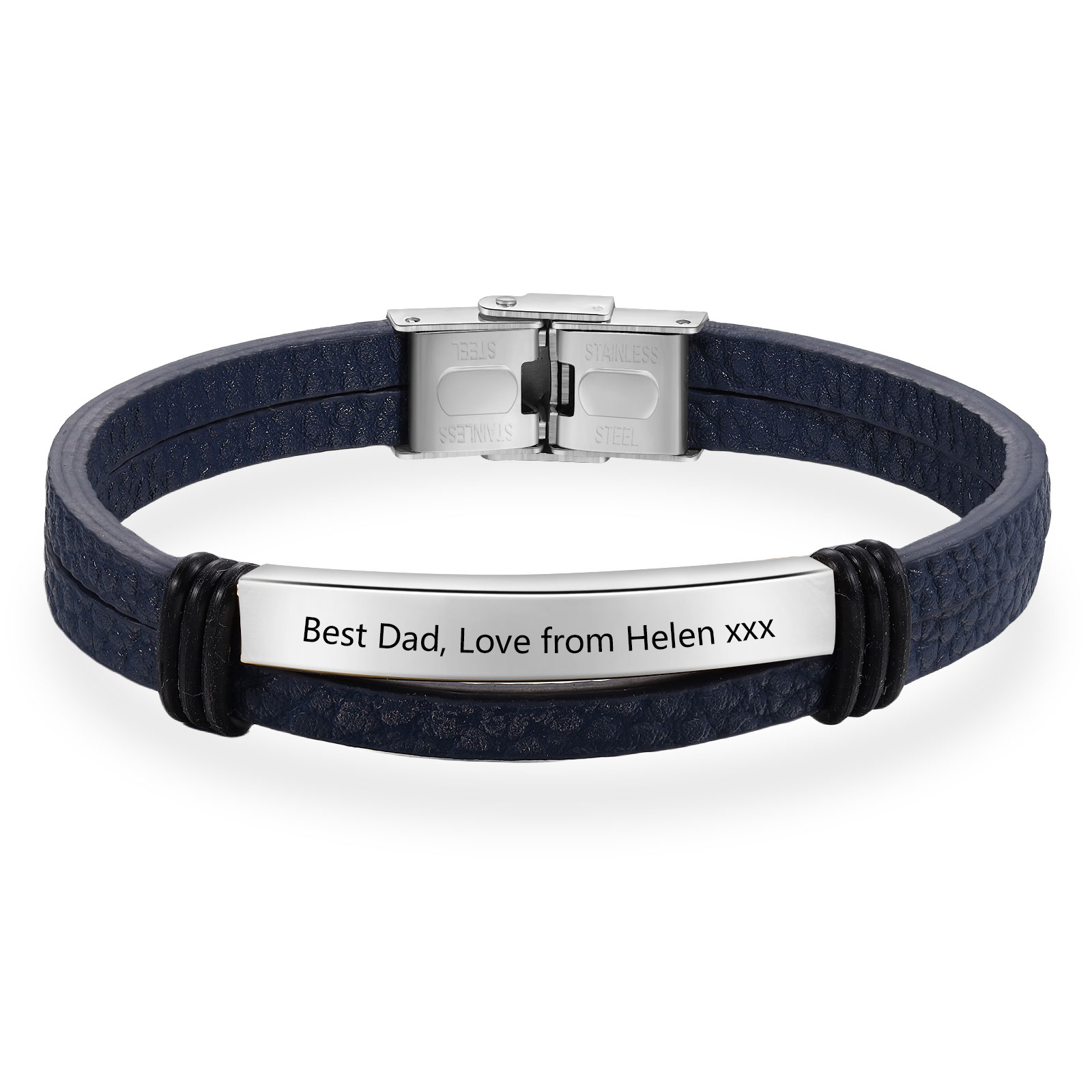 Personalised Text Dark Blue Leather Bracelet Men's Bracelet Father's Day Gift for Dad