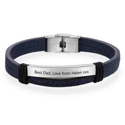 Personalised Text Dark Blue Leather Bracelet Men's Bracelet Father's Day Gift for Dad