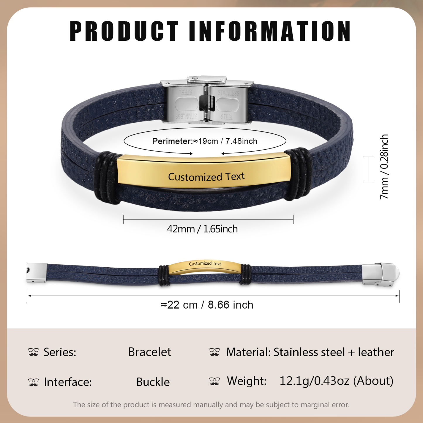 Personalised Text Dark Blue Leather Bracelet Men's Bracelet Father's Day Gift for Dad