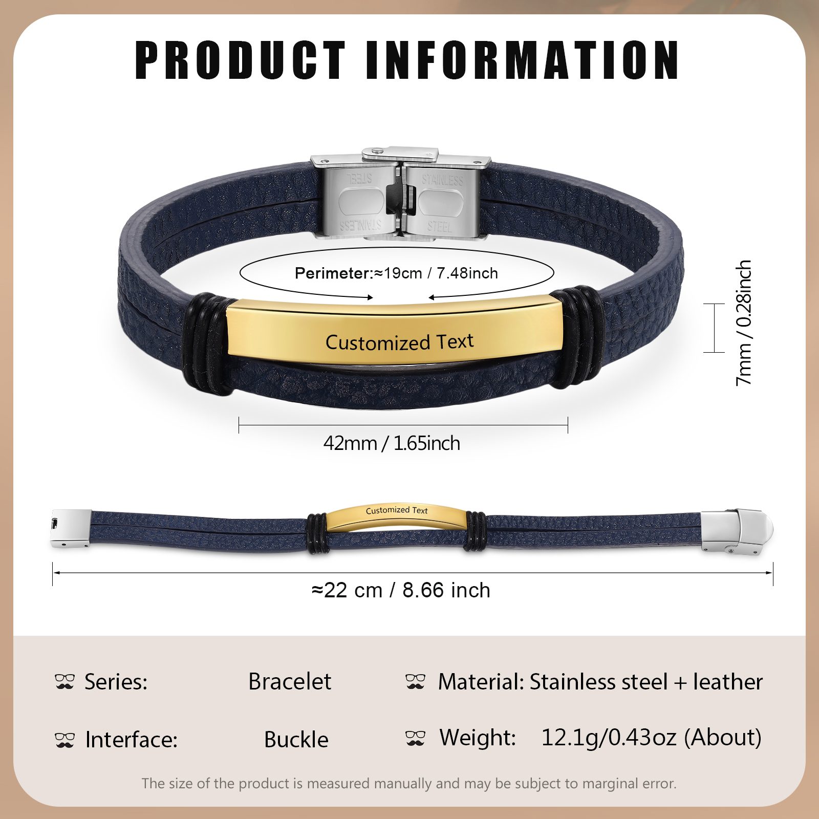 Personalised Text Dark Blue Leather Bracelet Men's Bracelet Father's Day Gift for Dad