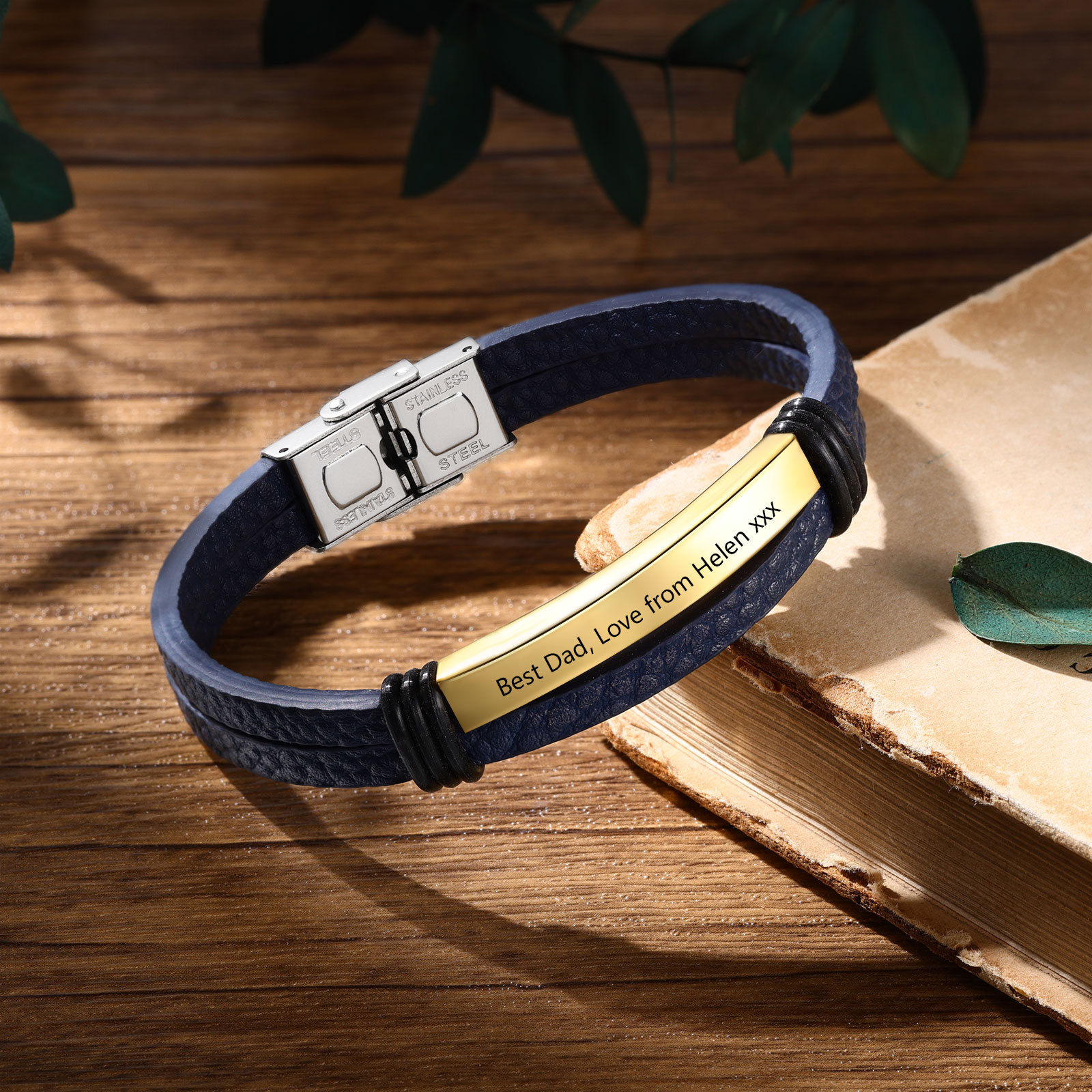 Personalised Text Dark Blue Leather Bracelet Men's Bracelet Father's Day Gift for Dad