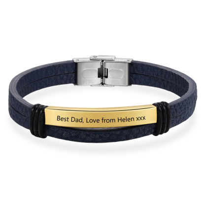 Personalised Text Dark Blue Leather Bracelet Men's Bracelet Father's Day Gift for Dad