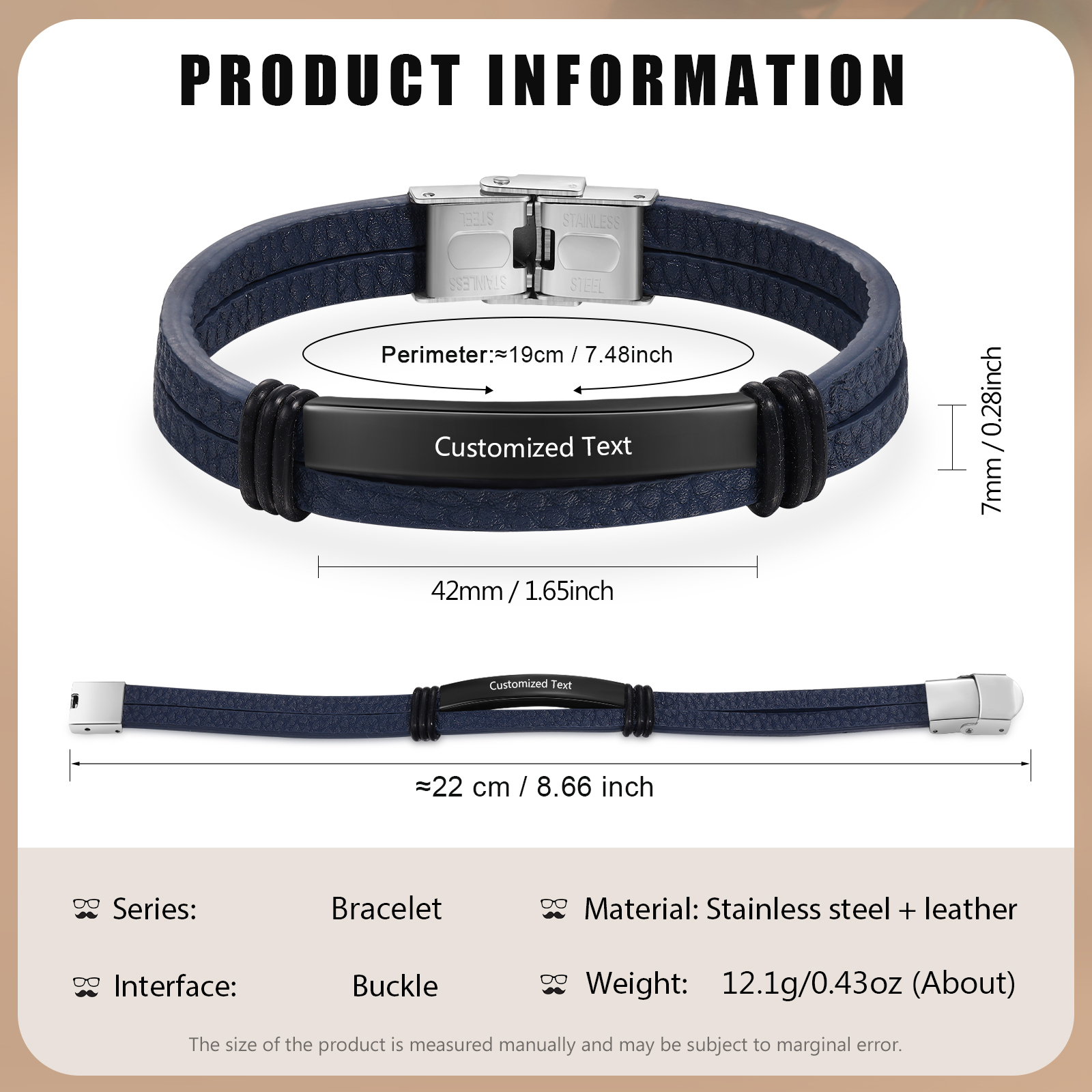 Personalised Text Dark Blue Leather Bracelet Men's Bracelet Father's Day Gift for Dad