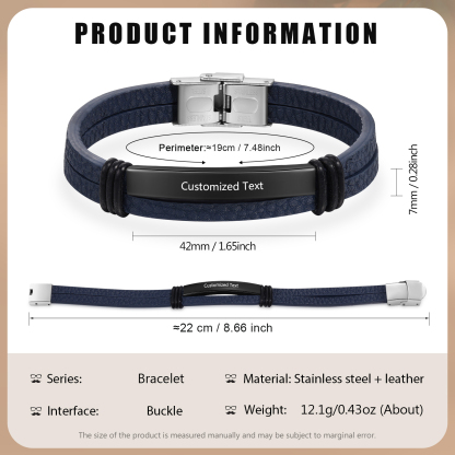 Personalised Text Dark Blue Leather Bracelet Men's Bracelet Father's Day Gift for Dad