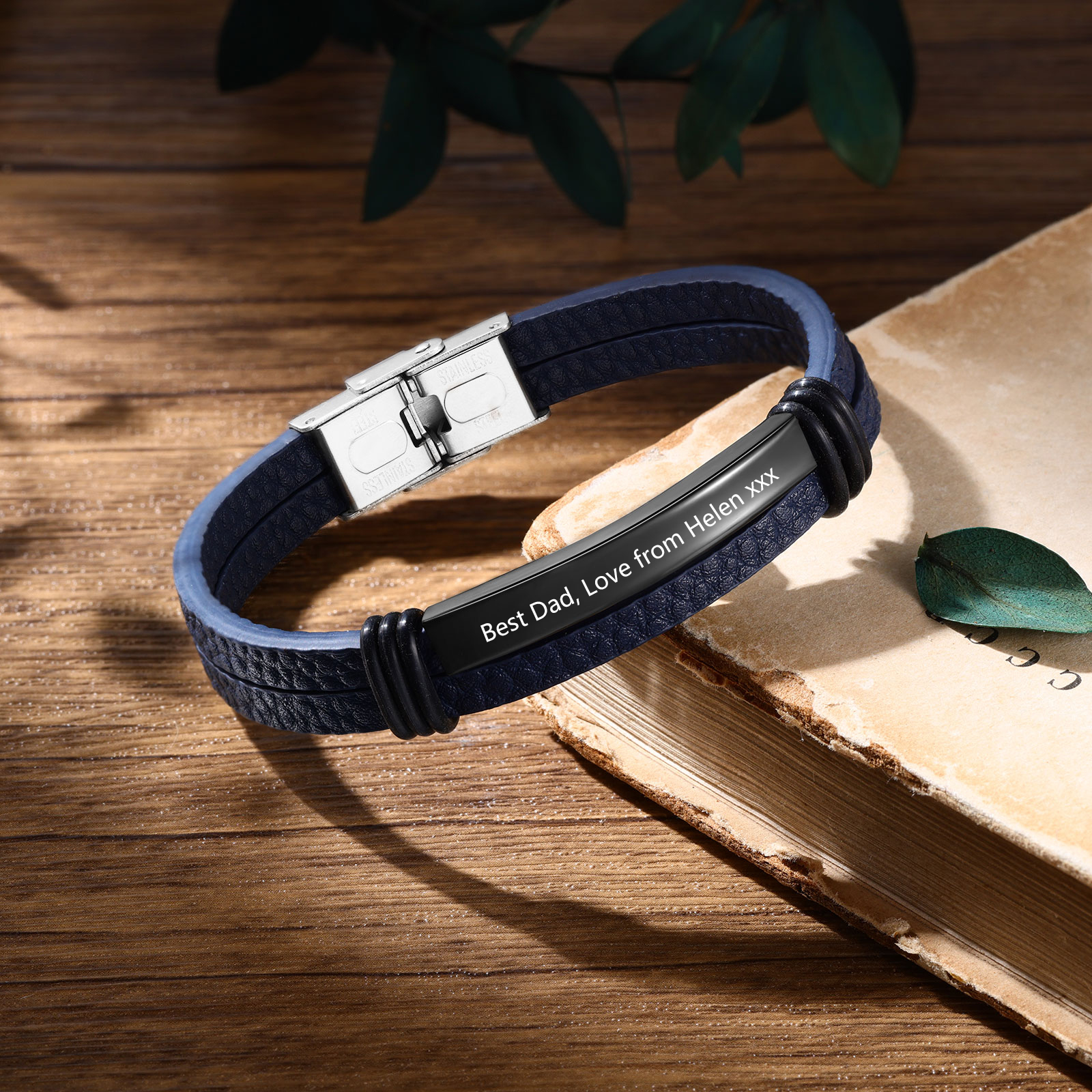 Personalised Text Dark Blue Leather Bracelet Men's Bracelet Father's Day Gift for Dad