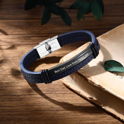 Personalised Text Dark Blue Leather Bracelet Men's Bracelet Father's Day Gift for Dad