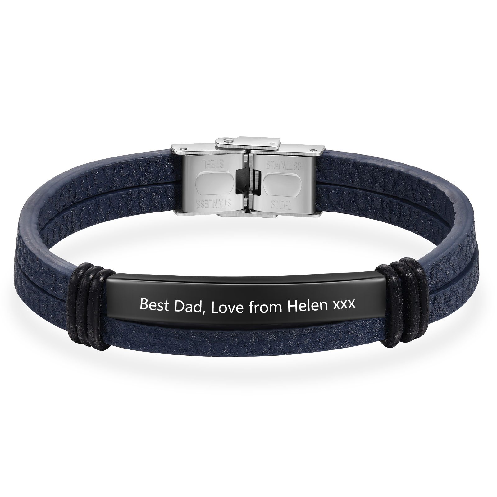 Personalised Text Dark Blue Leather Bracelet Men's Bracelet Father's Day Gift for Dad
