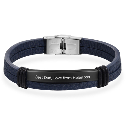 Personalised Text Dark Blue Leather Bracelet Men's Bracelet Father's Day Gift for Dad